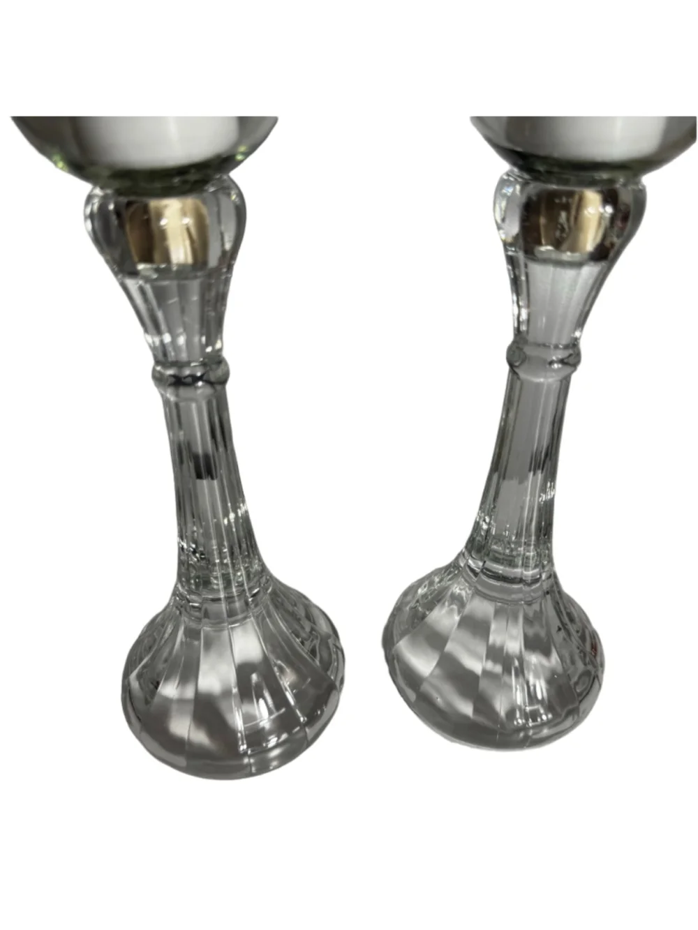 2 clear glass column candle holders removable pegged bell shape votive holders